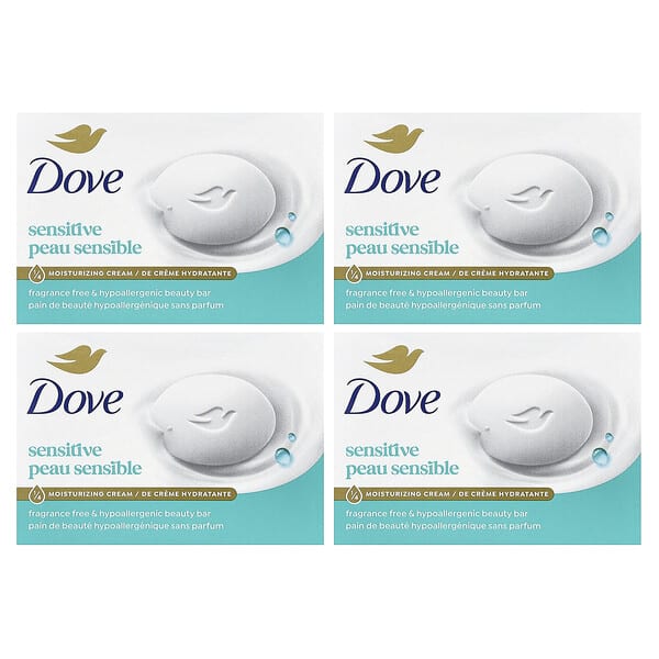 Dove, Beauty Bar Soap, Sensitive, Fragrance Free, 4 Bars, 3.75 oz (106 g) Each