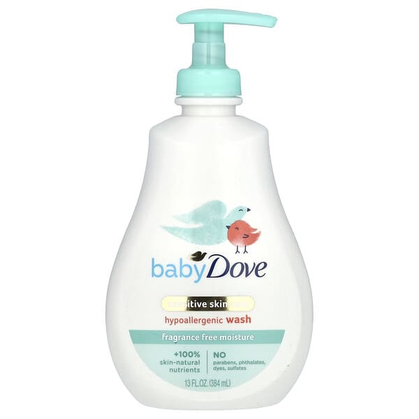 Dove, Bebé, Cuidado de la piel sensible, Jabón hipoalergénico, Sin fragancia, 384 ml (13 oz. Líq.)
