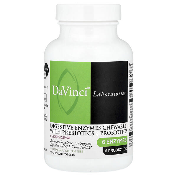 DaVinci Laboratories, 소화 효소 및 프리바이오틱 + 프로바이오틱 함유 츄어블, 체리 맛, 츄어블 정 90정
