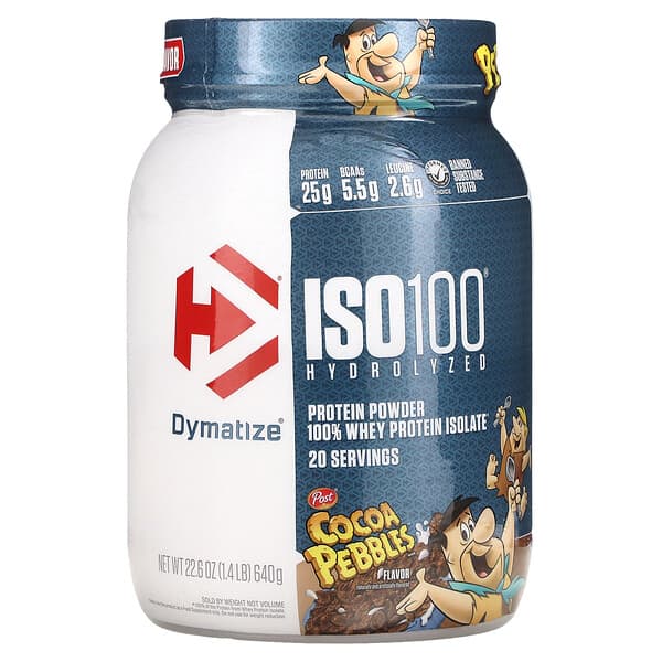 Dymatize‏, ISO100 المتحلل مائيًا، بروتين مصل اللبن المعزول 100%، بنكهة حبيبات الكاكاو، 1.4 رطل (640 جم)