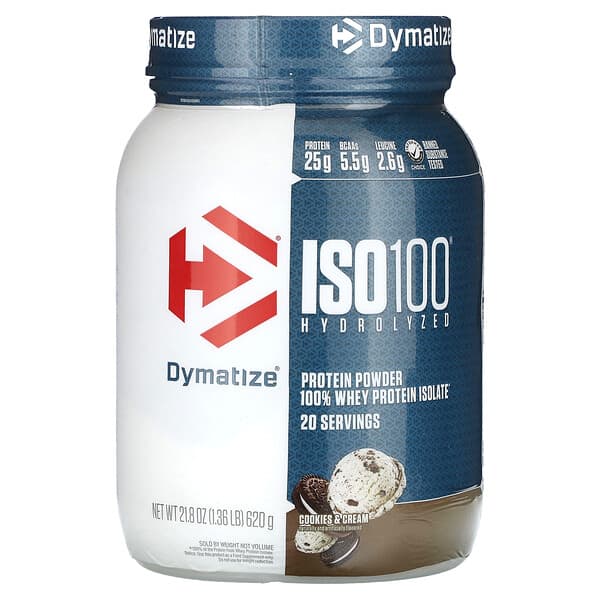 Dymatize, ISO100 Hydrolyzed, 100% Whey Protein Isolate, Cookies &amp; Cream, 1.36 lb (620 g)