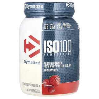 Dymatize, ISO100® hidrolizado, 100 % aislado de proteína de suero de leche, Fresa, 610 g (1,34 lb)