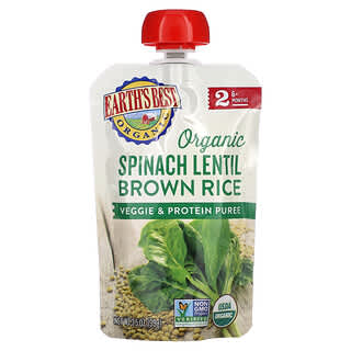 Earth's Best, Purea di verdure e proteine biologica, 6+ mesi, spinaci e lenticchie, riso integrale, 99 g