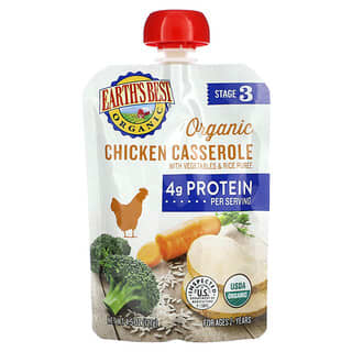 Earth's Best, Cazuela de pollo orgánico con vegetales y puré de arroz, 2 años o más`` 127 g (4,5 oz)