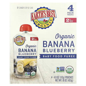 Earth's Best, Organic Baby Food Puree, Bio-Babynahrungspüree, ab 6 Monaten, Banane-Heidelbeere, 4er-Pack, je 113 g (4 oz.).