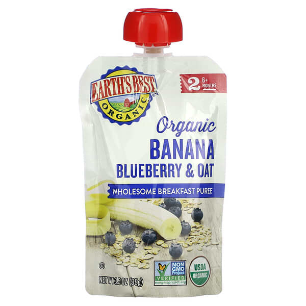 Earth's Best, 有機健康早餐泥，6 個月以上，香蕉藍莓和燕麥，3.5 盎司（99 克）