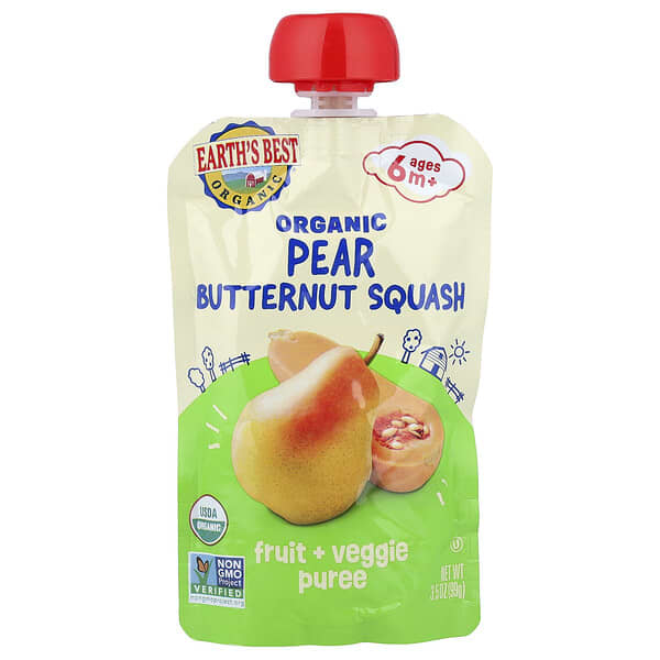 Earth's Best, Organic Fruit + Veggie Puree, 6+ Months, Pear Butternut Squash, 3.5 oz (99 g)