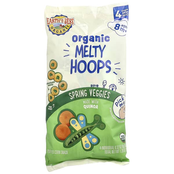 Earth's Best, Organic Melty Hoops, Puffed Corn Snack, 8+ Months, Spring Veggies, 4 Single Serve Pack