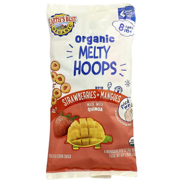 Earth's Best, Organic Melty Hoops, Puffed Corn Snack, 8+ Months, Strawberries + Mangoes, 4 Single Se