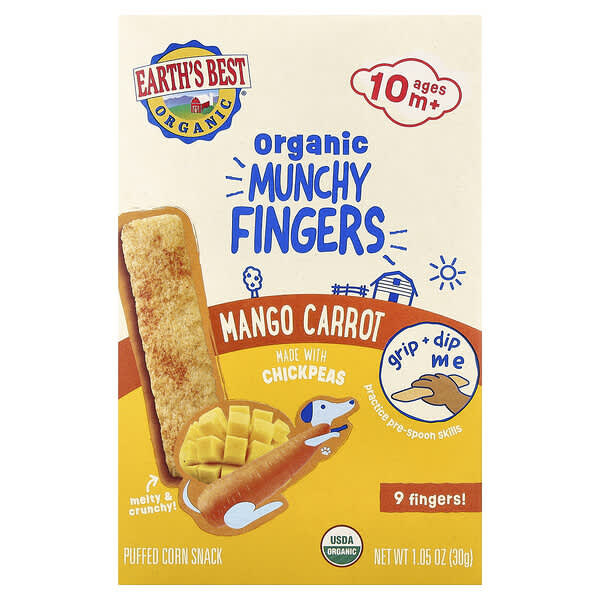 Earth's Best, 유기농 Munchy Fingers, 퍼프콘 스낵, 10개월 이상, 망고 당근, 30g(1.05oz)