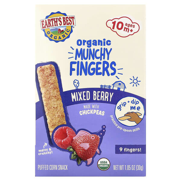 Earth's Best, 유기농 Munchy Fingers, 퍼프 콘 스낵, 10개월 이상, 혼합 베리, 30g(1.05oz)