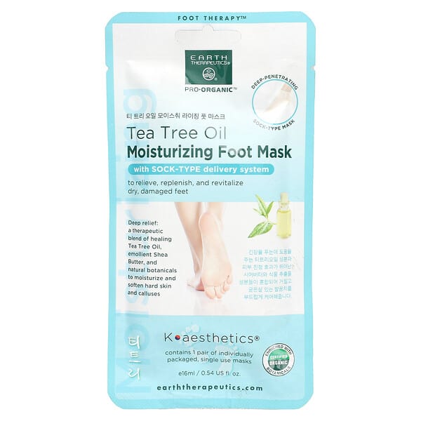 Earth Therapeutics, 프로오가닉, 보습 풋 마스크, 티트리오일, 1쌍, 16ml(0.54fl oz)