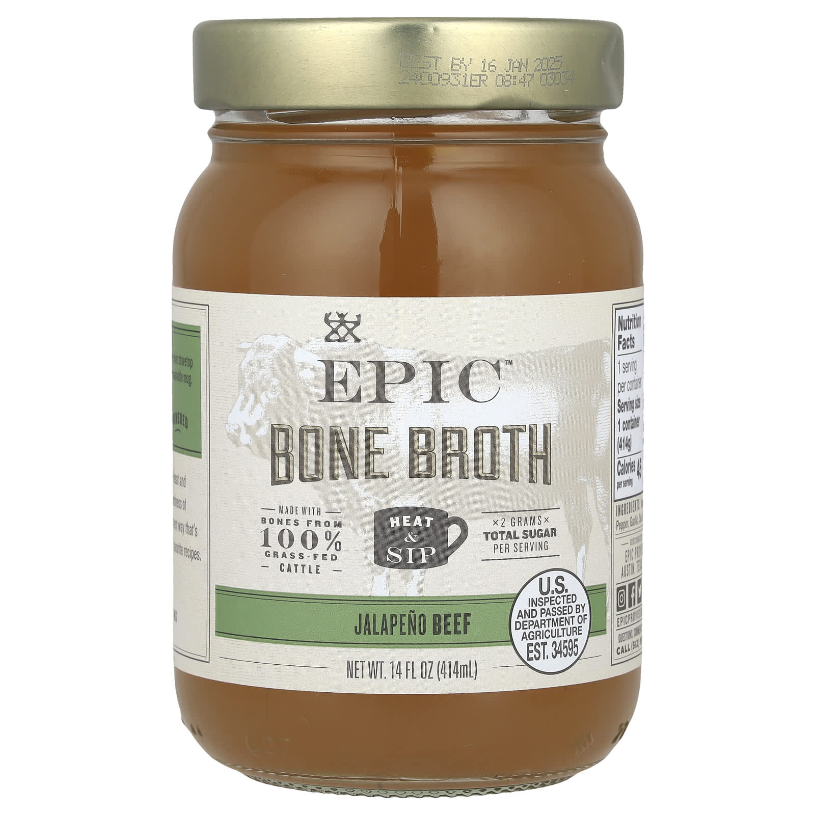 Epic Bar, Bone Broth, Jalapeno Beef, 14 fl oz (414 ml)