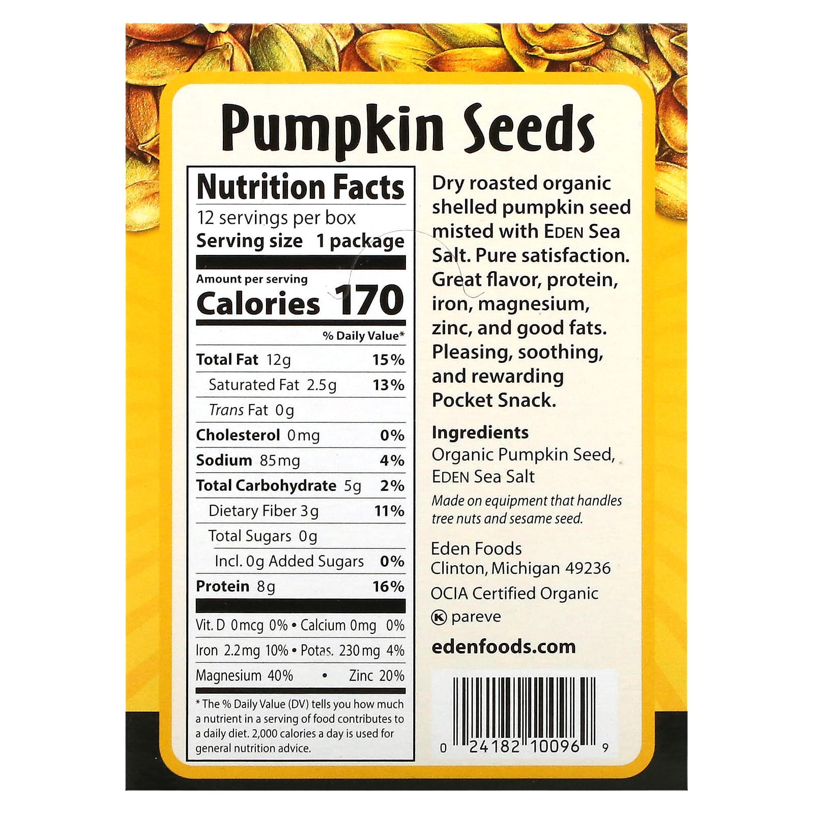 Eden Foods, Pocket Snacks, Organic Pumpkin Seeds, Dry Roasted, 12 ...