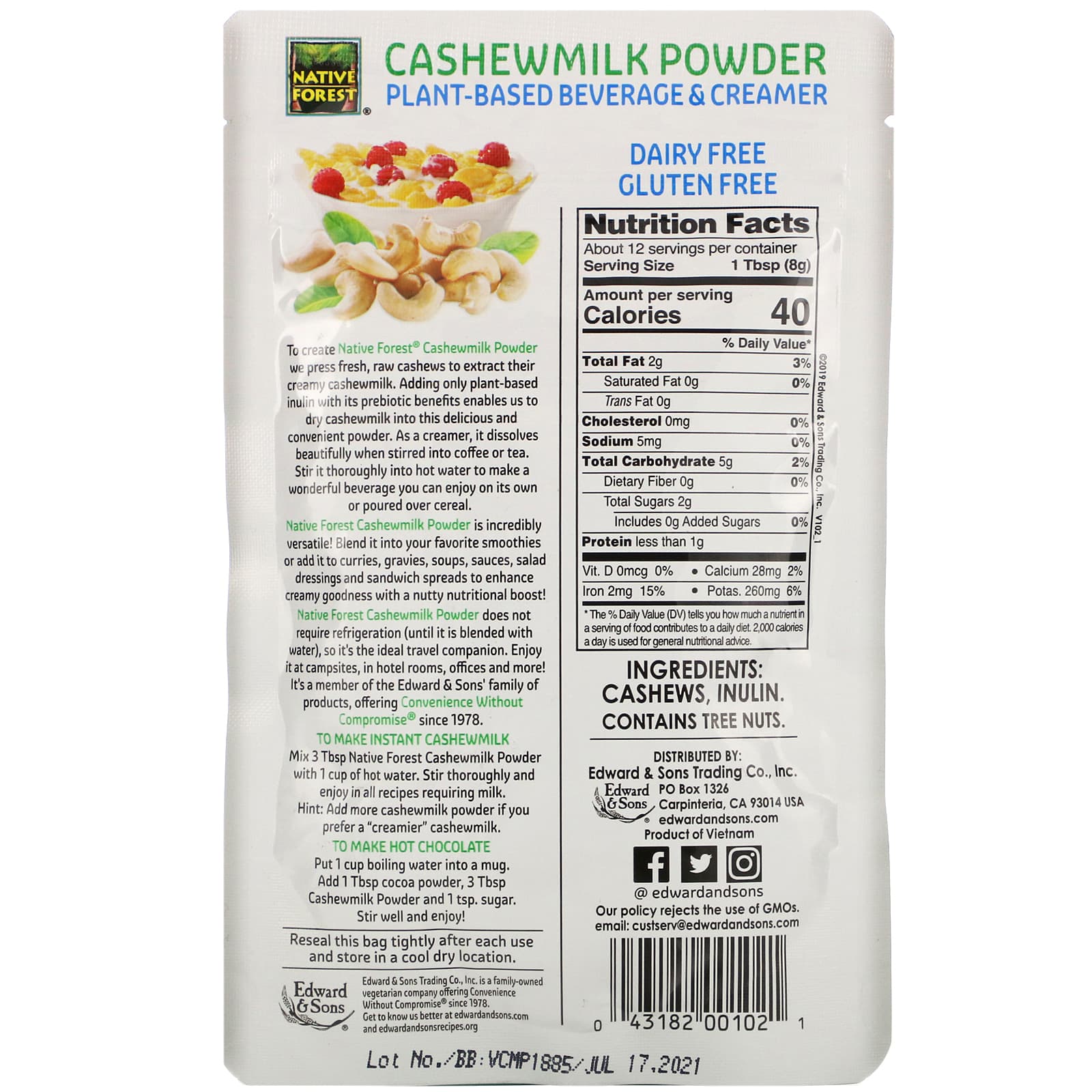 Details about   Organic Traditions Cashew Milk Powder 5.3 oz Pkg 