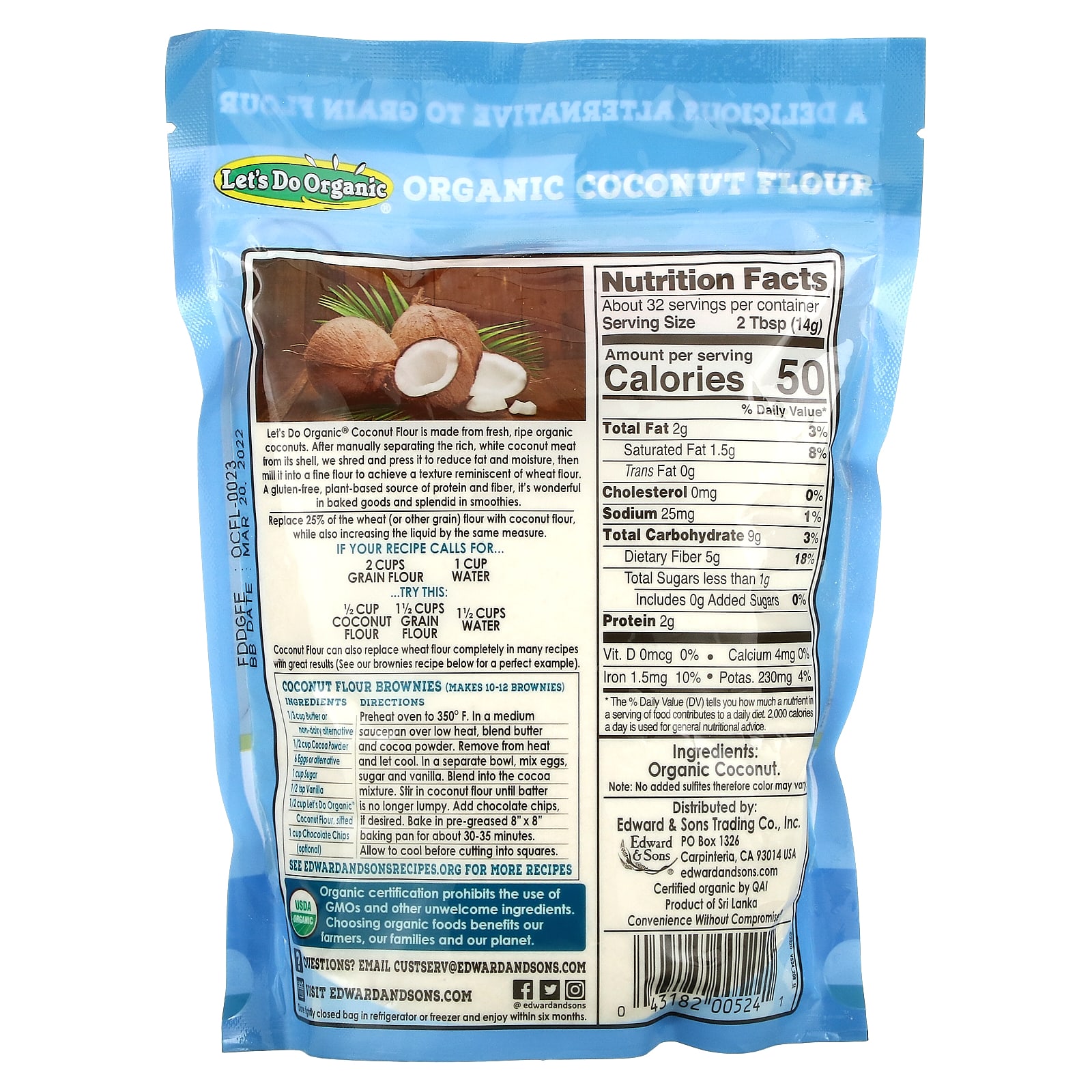 Edward  Sons, Edward  Sons, Let's Do Organic, 100% Organic Coconut Flour,  1 lb (454 g)