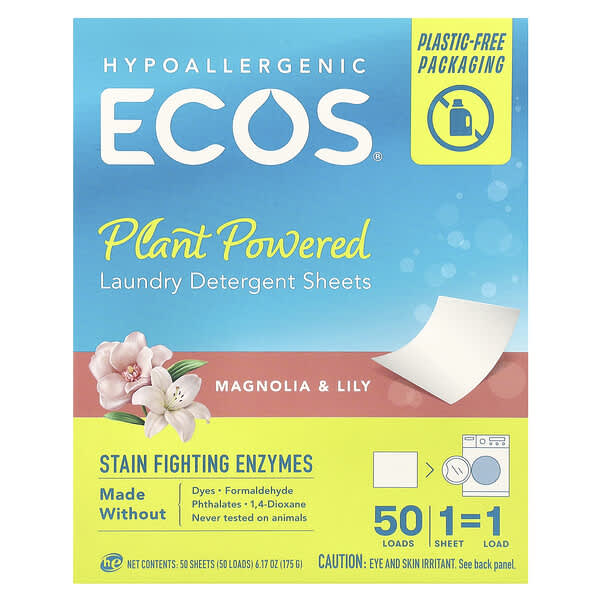 إيرث فريندلي برودكتس‏, Ecos® ، مناديل تنظيف الغسيل التي تعمل بالنباتات ، ماجنوليا والزنبق ، 50 منديلًا