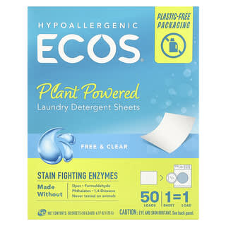 Earth Friendly Products, ECOS®, Plant Powered Laundry Detergent Sheets, Free & Clear, 50 Sheets