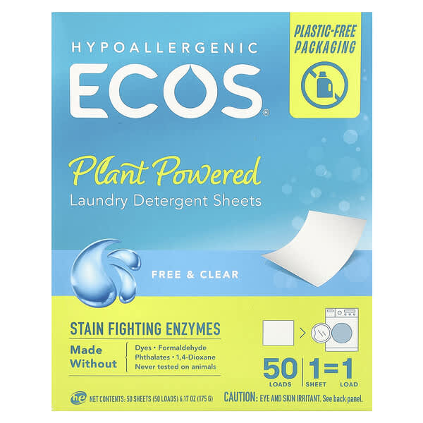 Earth Friendly Products, Ecos®, Plant Powered Laundry Detergent Sheets, Free & Clear, 50 Sheets