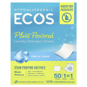 Earth Friendly Products, ECOS®, Plant Powered Laundry Detergent Sheets, Free & Clear, 50 Sheets, 6.17 oz (175 g)