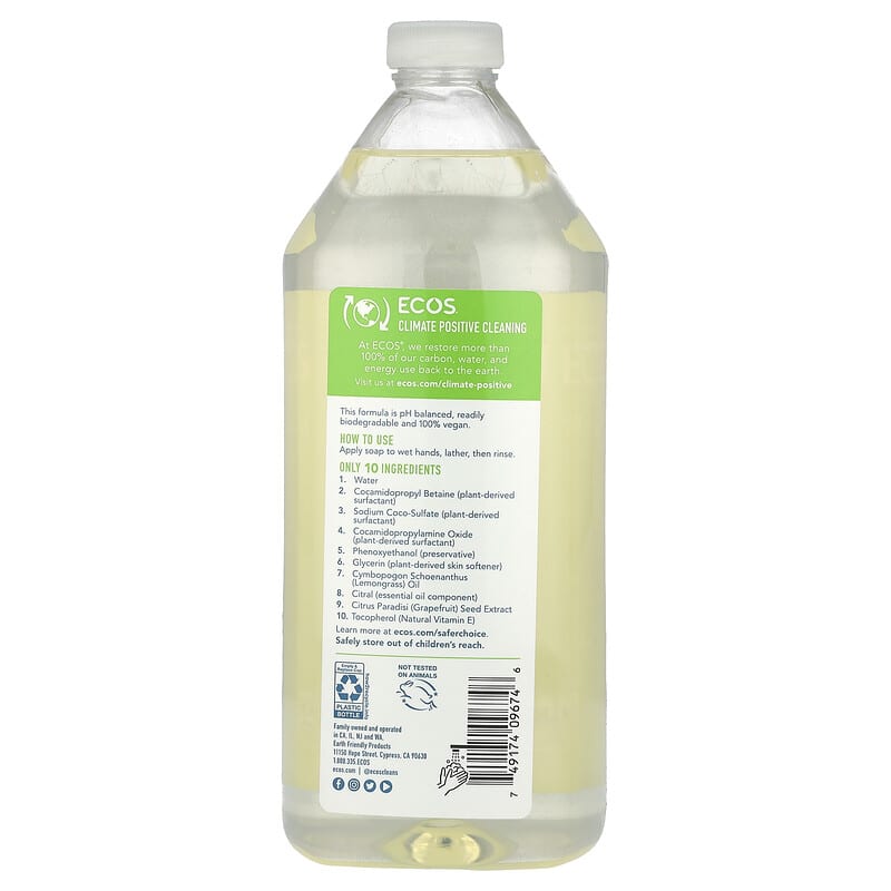 Ecos®（エコス）、植物性ハンドソープ詰め替え用、レモングラス、946ml
