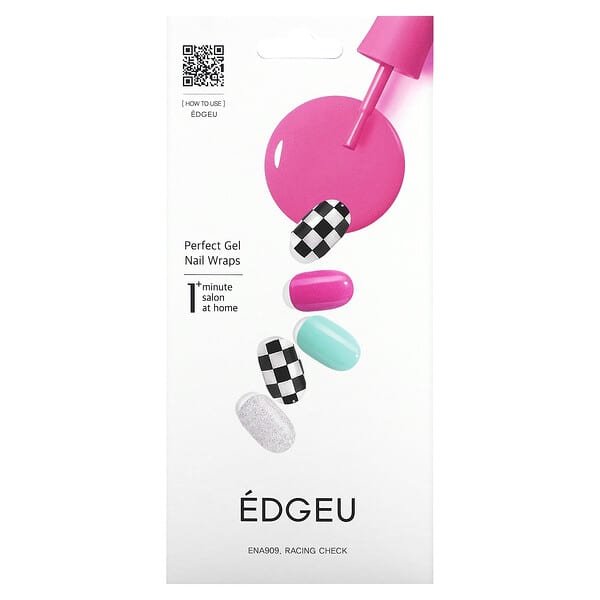 Edgeu, パーフェクトジェルネイルラップ、ENA909、レーシングチェック、チップ16枚セット