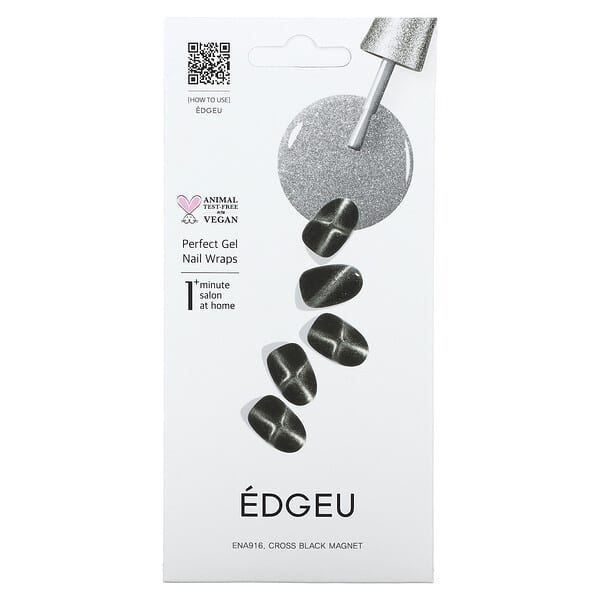 Edgeu, Perfect Gel Nail Wraps, ENA 916 Cross Black Magnet, 19 Piece Set