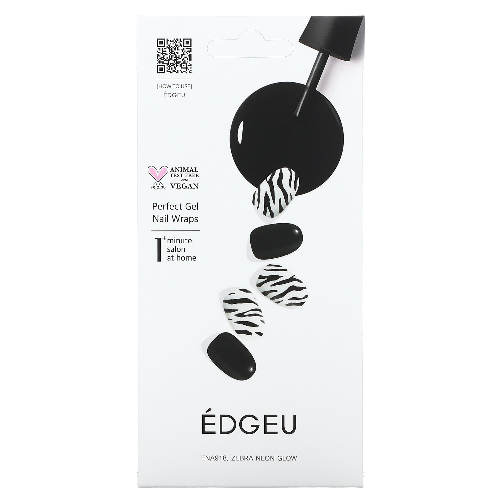 Edgeu, Perfect Gel Nail Wrap, ENA 918 неоновый, зебра, набор из 19 предметов