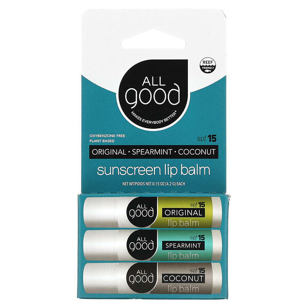 All Good Products, Sunscreen Lip Balm, SPF 15, Assorted, 3 Pack, 0.15