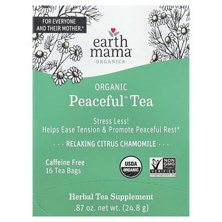 Earth Mama, Organic Peaceful™ Tea, Relaxing Citrus Chamomile, Caffeine Free, 16 Tea Bags, 0.87 oz (24.8 g)