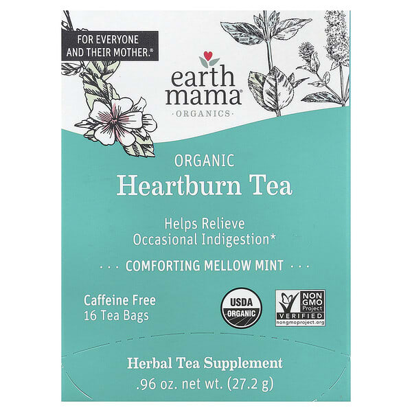 Earth Mama, Organics, Organic Heartburn Tea, Comforting Mellow Mint, Caffeine Free, 16 Tea Bags, 0.9