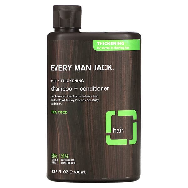 Every Man Jack, 2-In-1シックニング シャンプー＆コンディショナー、ノーマルヘア＆ボリュームが気になる方に、ティーツリー、400ml（13.5液量オンス）