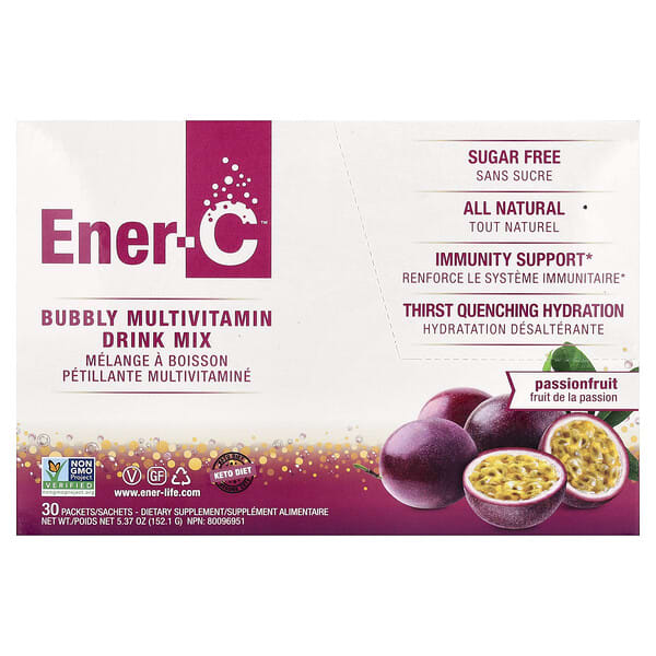 Ener-C, 비타민C, 종합비타민 드링크 믹스, 무설탕 패션프루트, 1,000mg, 30팩, 개당 5.07g(0.2oz)