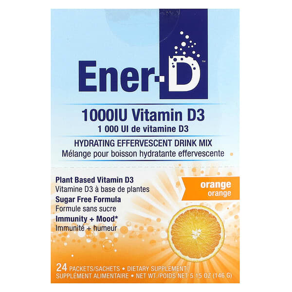 Ener-C Ener-D, Vitamin D3, Hydrating Effervescent Drink Mix, Sugar Free, Orange, 1,000 mg, 24 Packets