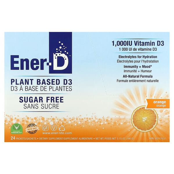 Ener-C, Ener-D, 비타민D3, 수분 공급 발포정 드링크 믹스, 무설탕, 오렌지, 1,000mg, 24팩