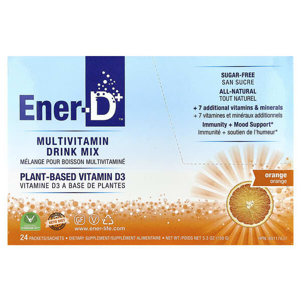 Ener-C, Ener-D, Vitamin D3, Hydrating Effervescent Drink Mix, Sugar Free, Orange, 1,000 mg, 24 Packets — product photo 1
