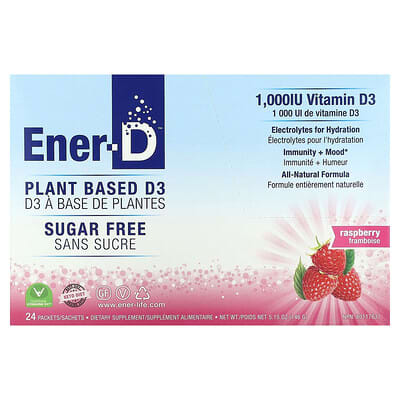 Ener-C, Ener-D, Vitamin D3, Hydrating Effervescent Drink Mix, Sugar Free, Raspberry, 1,000 mg, 24 Packets
