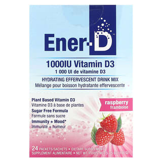 Ener-C, Ener-D, Vitamine D3, Mélange hydratant pour boisson effervescente, Sans sucre, Framboise, 1000 mg, 24 sachets
