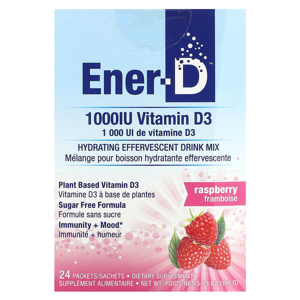Ener-C Ener-D, Vitamin D3, Hydrating Effervescent Drink Mix, Sugar Free, Raspberry, 1,000 mg, 24 Packets