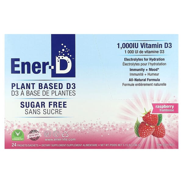 Ener-C, Ener-D, 비타민D3, 수분 공급 발포정 드링크 믹스, 무설탕, 라즈베리, 1,000mg, 24팩