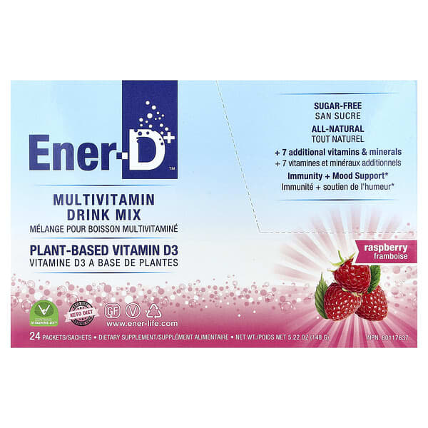 Ener-C, Ener-D, Vitamin D3, Hydrating Effervescent Drink Mix, Sugar Free, Raspberry, 1,000 mg, 24 Packets — product photo 1