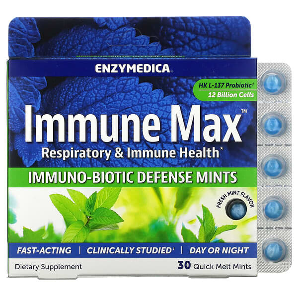 Enzymedica‏, Immune Max, מנטה אימונו-ביוטית להגנה מפני ההגנה, מנטה טרייה, 30 סוכריות מנטה להמסה מהירה