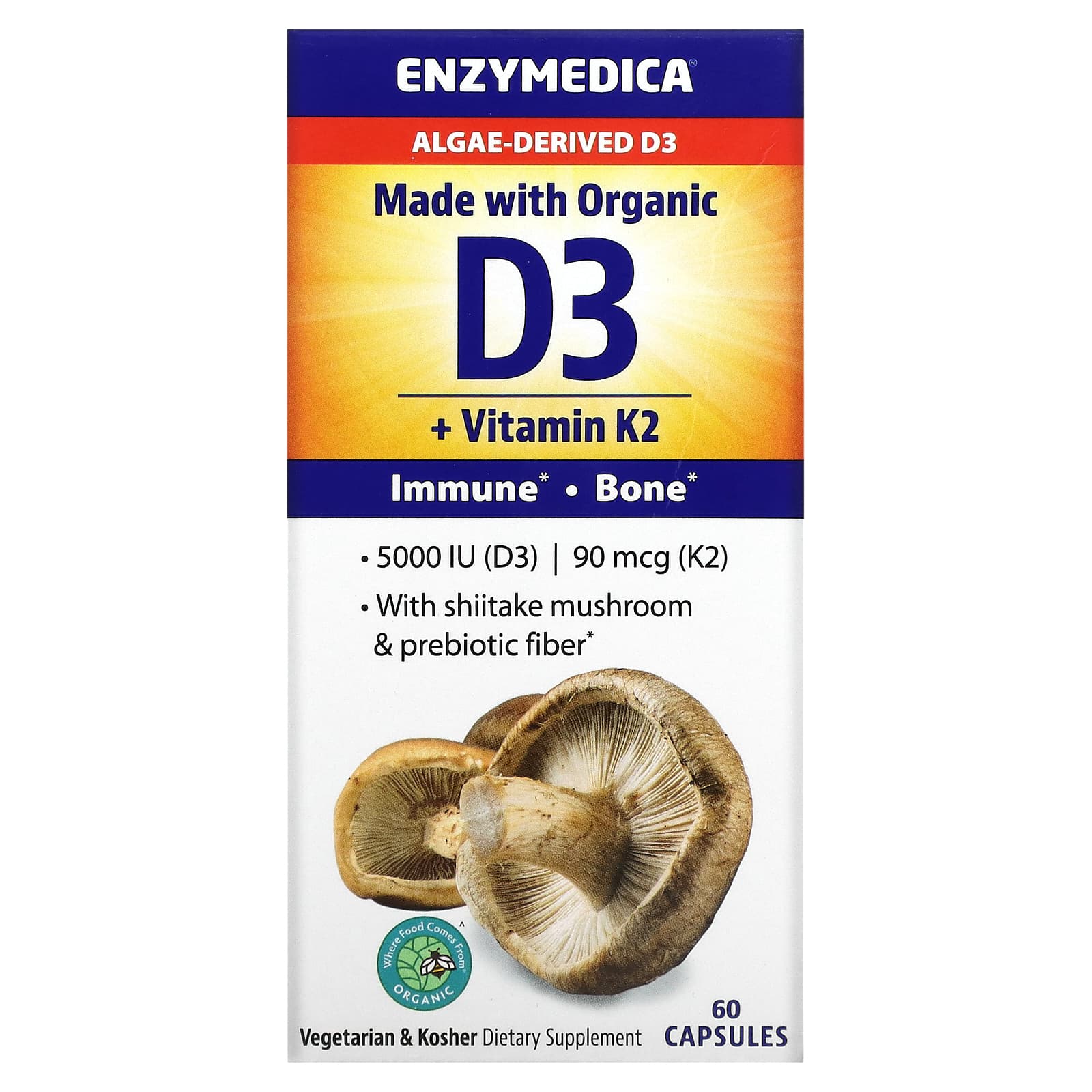 Enzymedica, Organic D3 + Vitamin K2, 60 Capsules