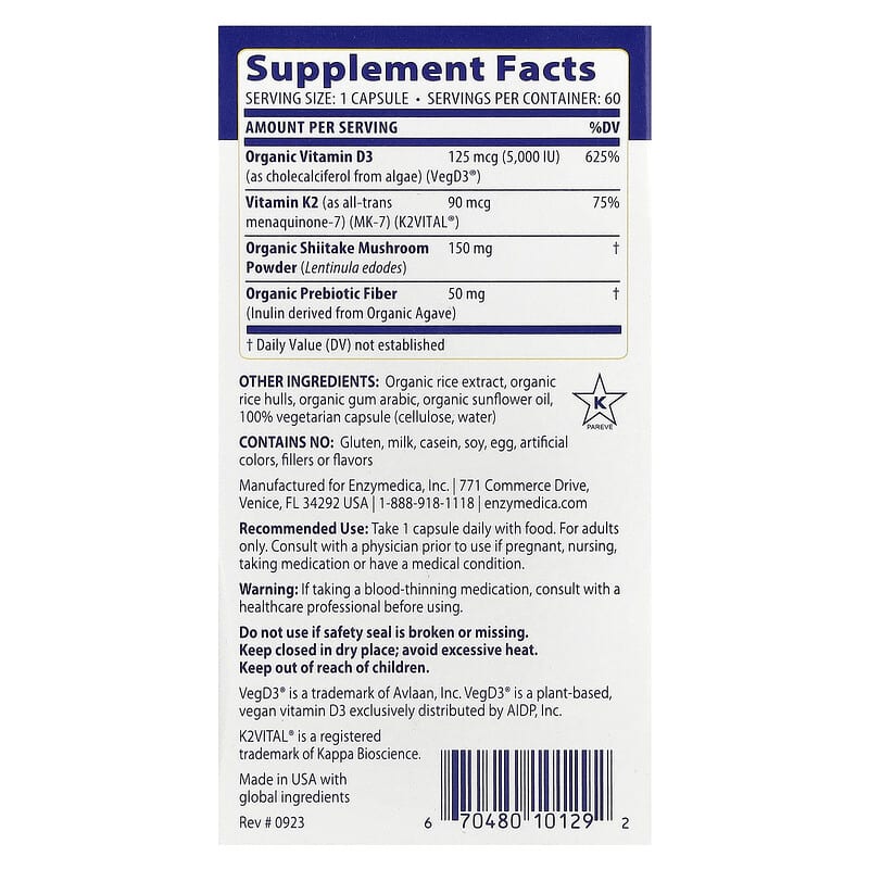 Vitamin D3 + Vitamin K2, 60 Capsules