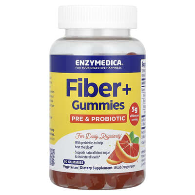 Enzymedica, Fiber + Gummies, Prebiotics & Probiotics, Blood Orange Flavor, 50 mg, 90 Gummies (16.6 mg per gummy)