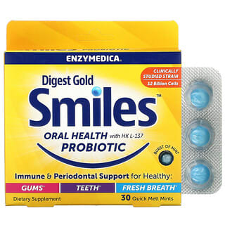 Enzymedica, Digest Gold Smiles для здоровья полости рта с пробиотиком HK L-137, 30 быстрорастворимых мятных конфет
