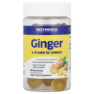Enzymedica, Ginger & Vitamin B6 Gummies, Lemon Ginger, 60 Gummies