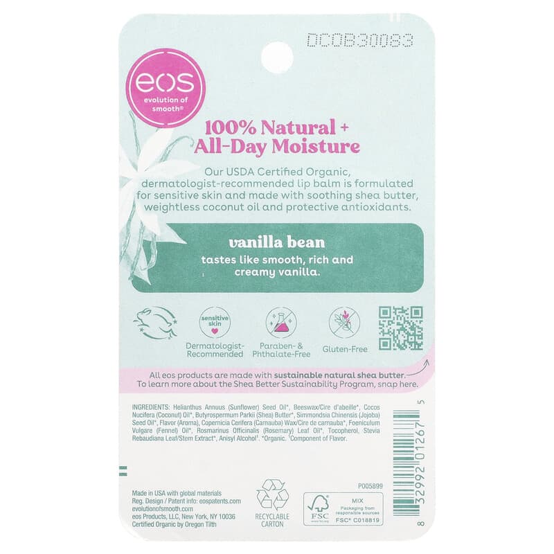 100％天然オーガニックリップクリーム、バニラビーン、2個、各4g（0.14