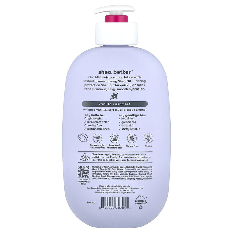 EOS, Shea Better™（シアベター）、24Hモイスチャーボディローション、バニラカシミヤ、473ml（16液量オンス）