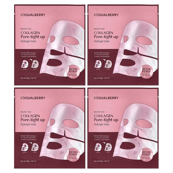 EQQUALBERRY, 바운시 데이, 콜라겐 포어-타이트업, 하이드로겔 뷰티 마스크, 4매, 각 30g(1.01oz)